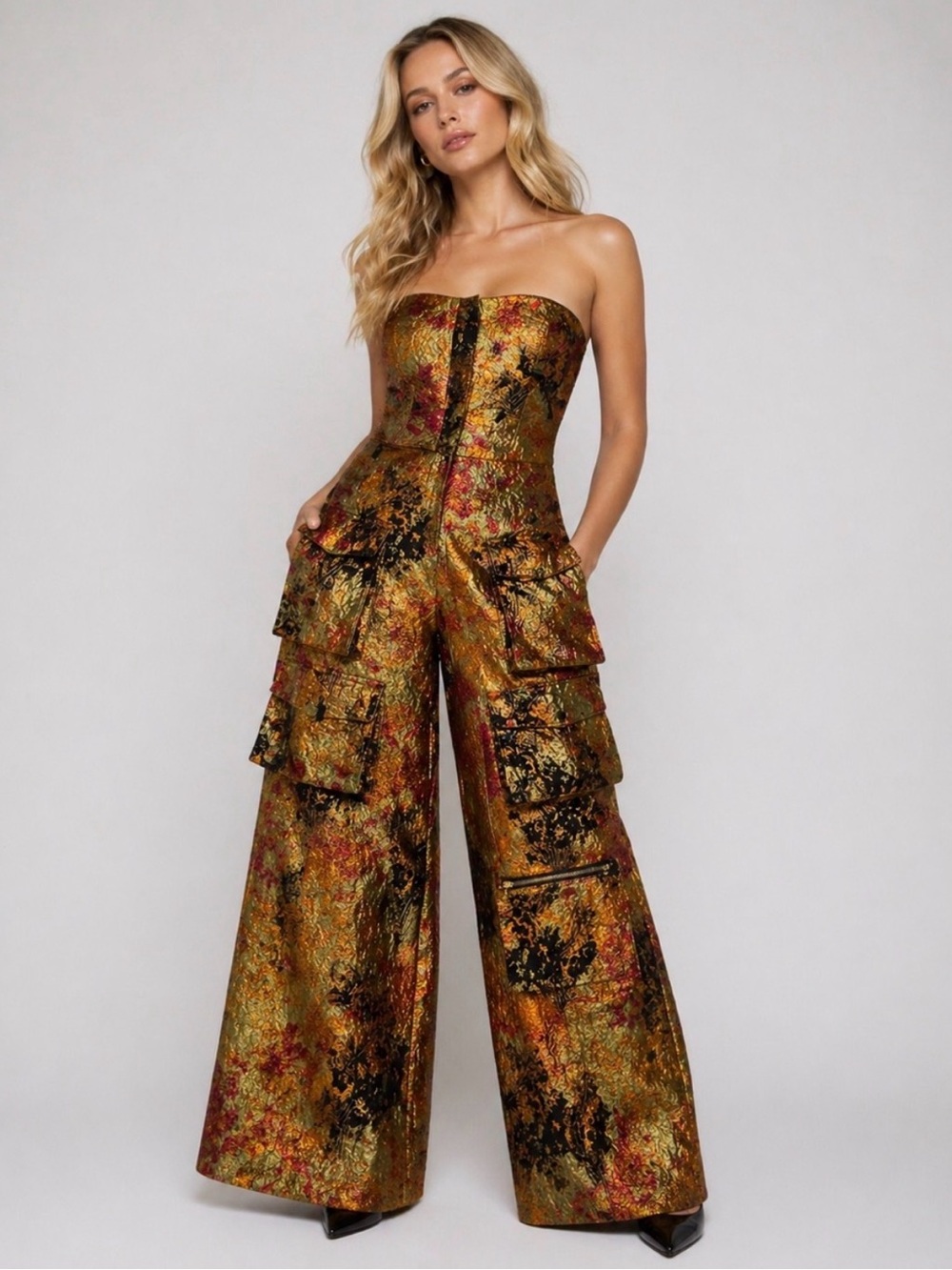 AKIRA Strapless Brocade Cargo Jumpsuit in Metallic Gold & Black